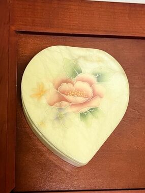 Vintage Alabaster Floral Heart Shaped Trinket Box Italy